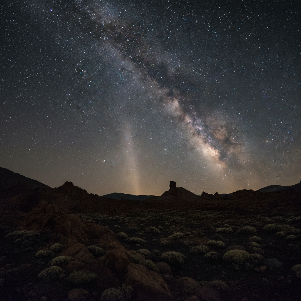 Zodiacal light and Milky Way above Llano de Ucanca volcanic plain in Tenerife