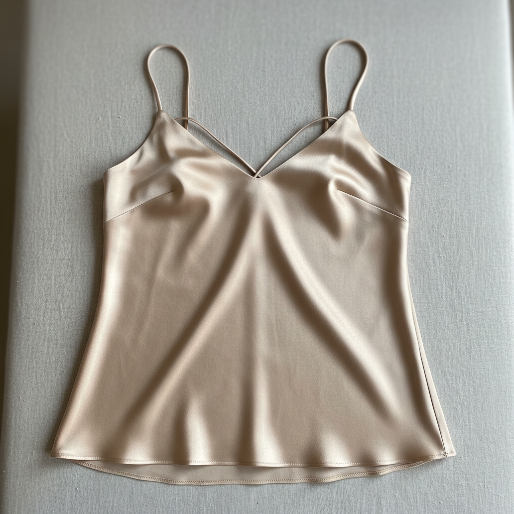 Champagne silk slip dress with thin straps, natural light photography, minimalist background