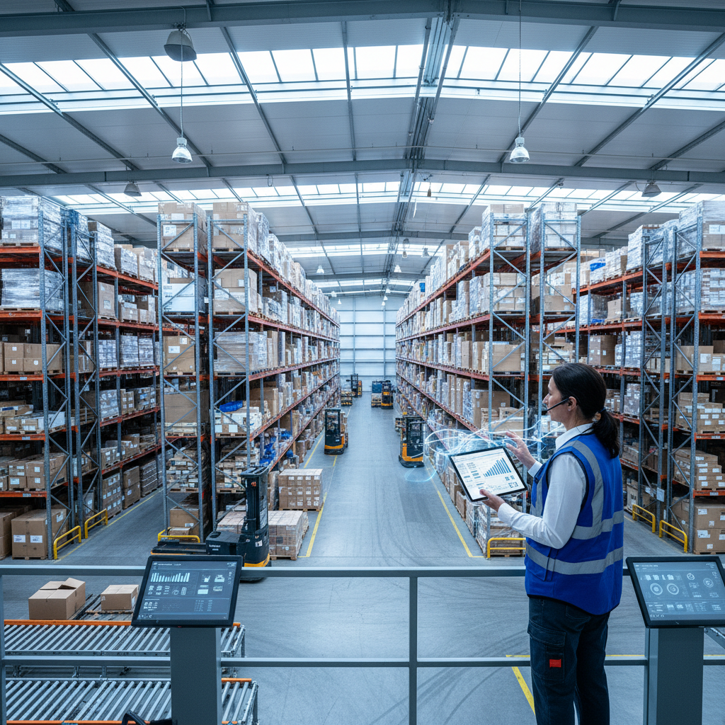 Female logistics manager in professional attire analyzing efficiency metrics on digital dashboard in distribution center