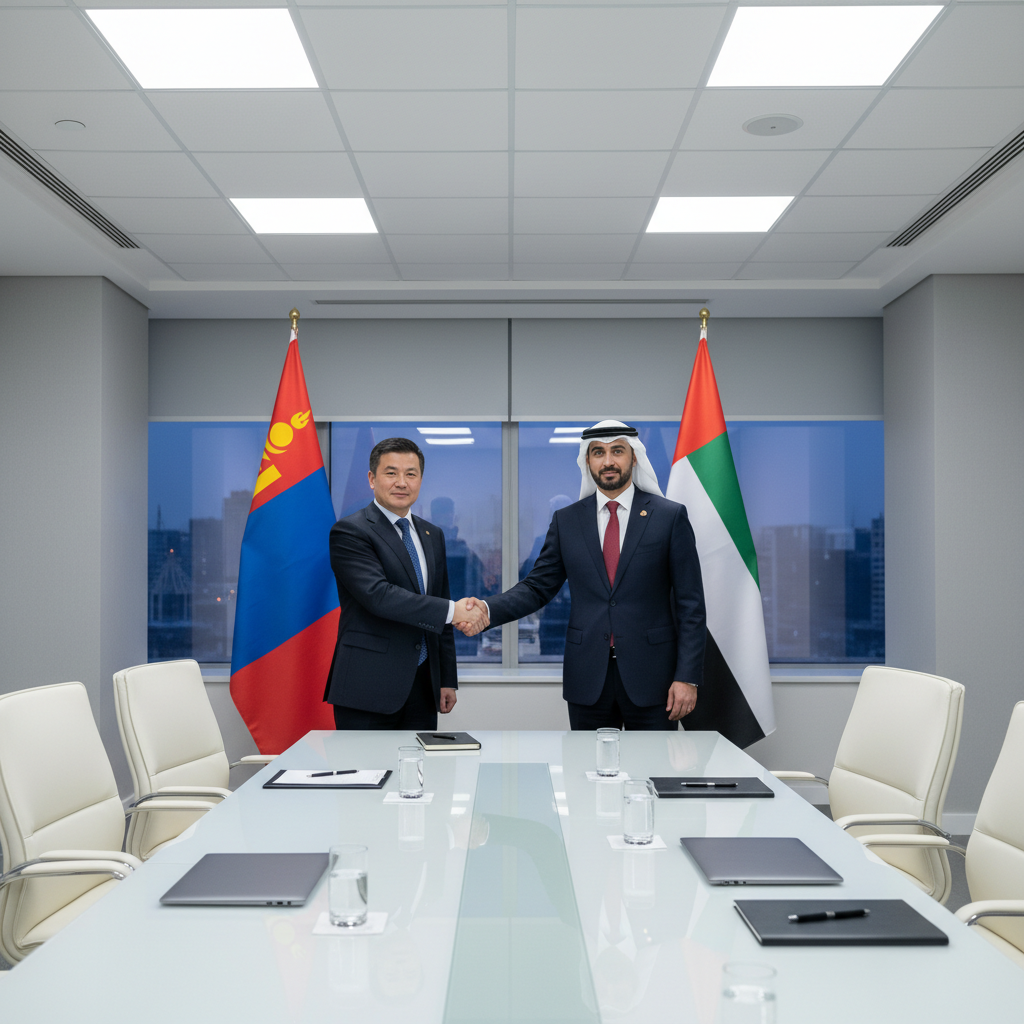 Business executives from Mongolia and UAE shaking hands in modern conference room with national flags displayed