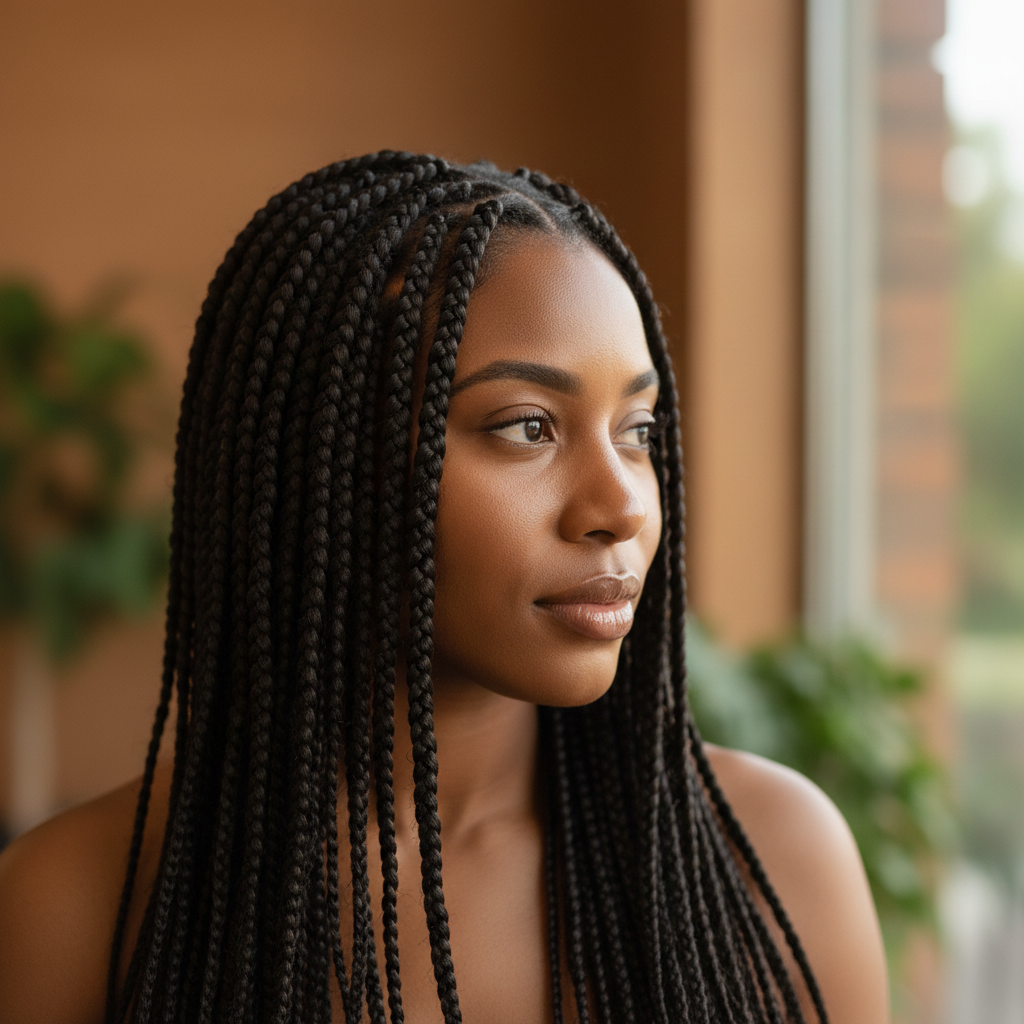 Elegant Black woman with beautifully styled braids in a professional salon setting showcasing premium braiding artistry