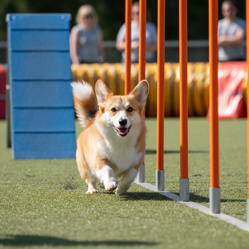 Corgi mid-zoomie between agility obstacles