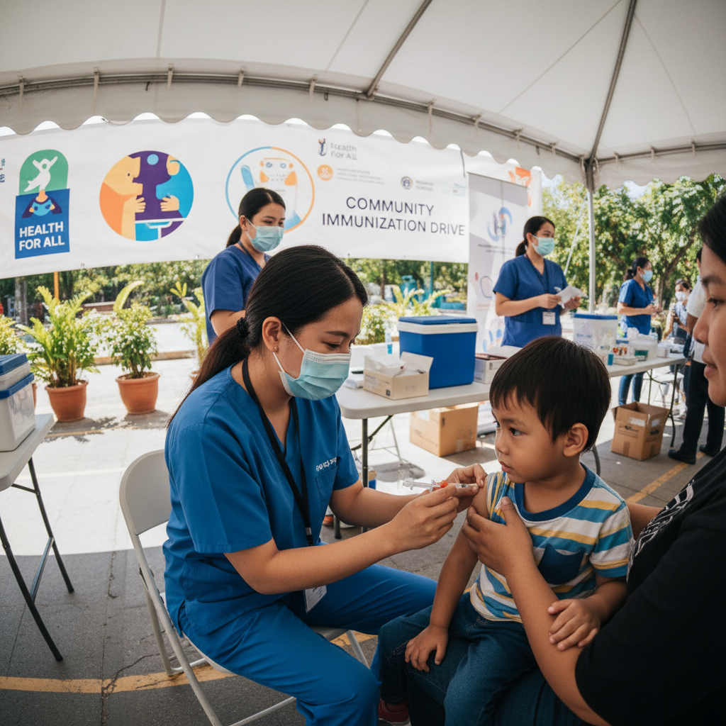 Healthcare worker in white coat giving vaccine to young child, clean bright clinic room