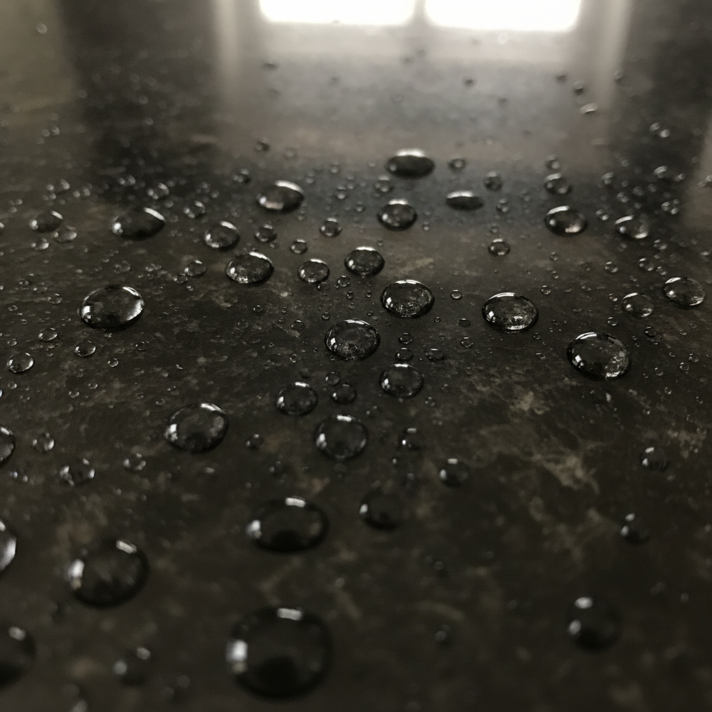 Macro photograph of water droplets beading on polished black granite surface