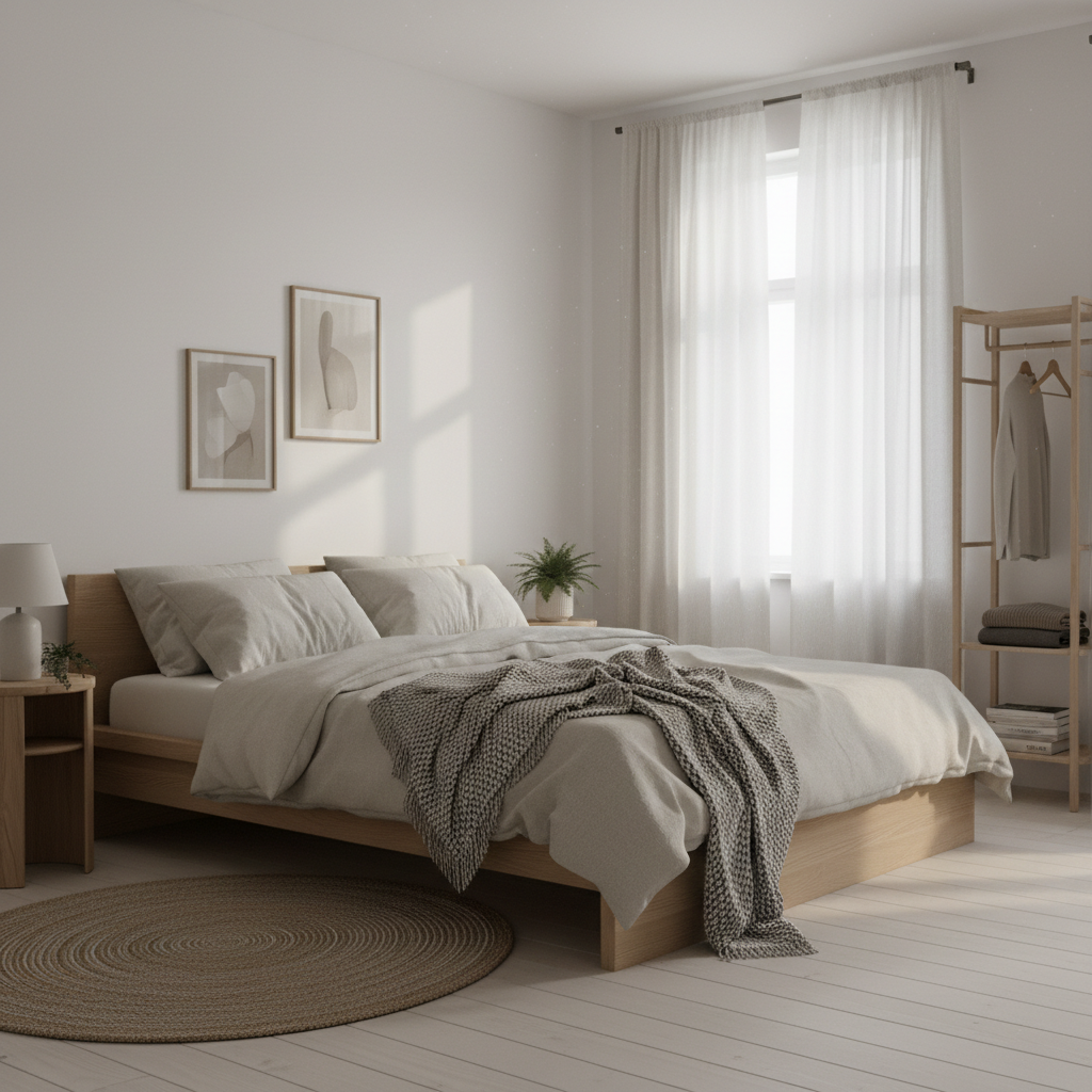 Bright Scandinavian bedroom renovation with linen bedding, warm oak flooring, and sheer curtains filtering soft morning light