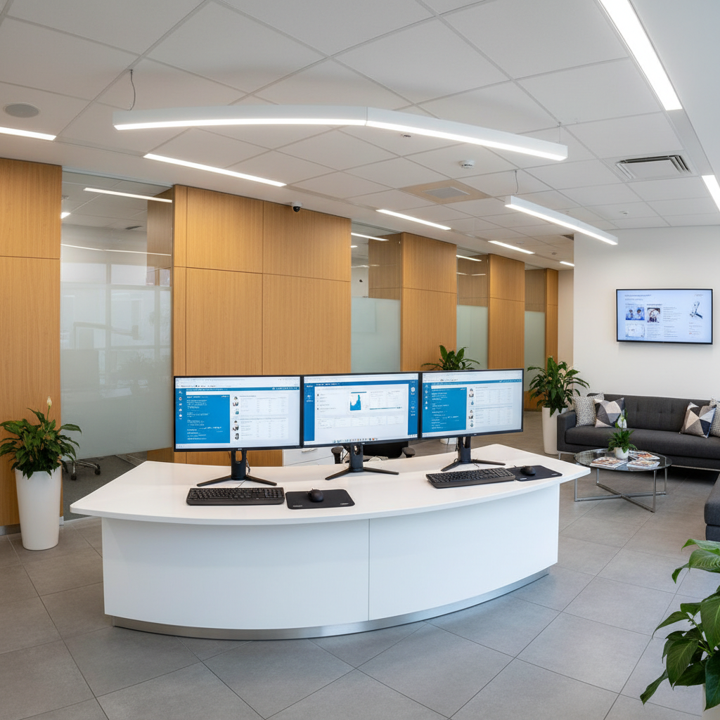 Dental office team reviewing practice management software on computer screens in bright modern office