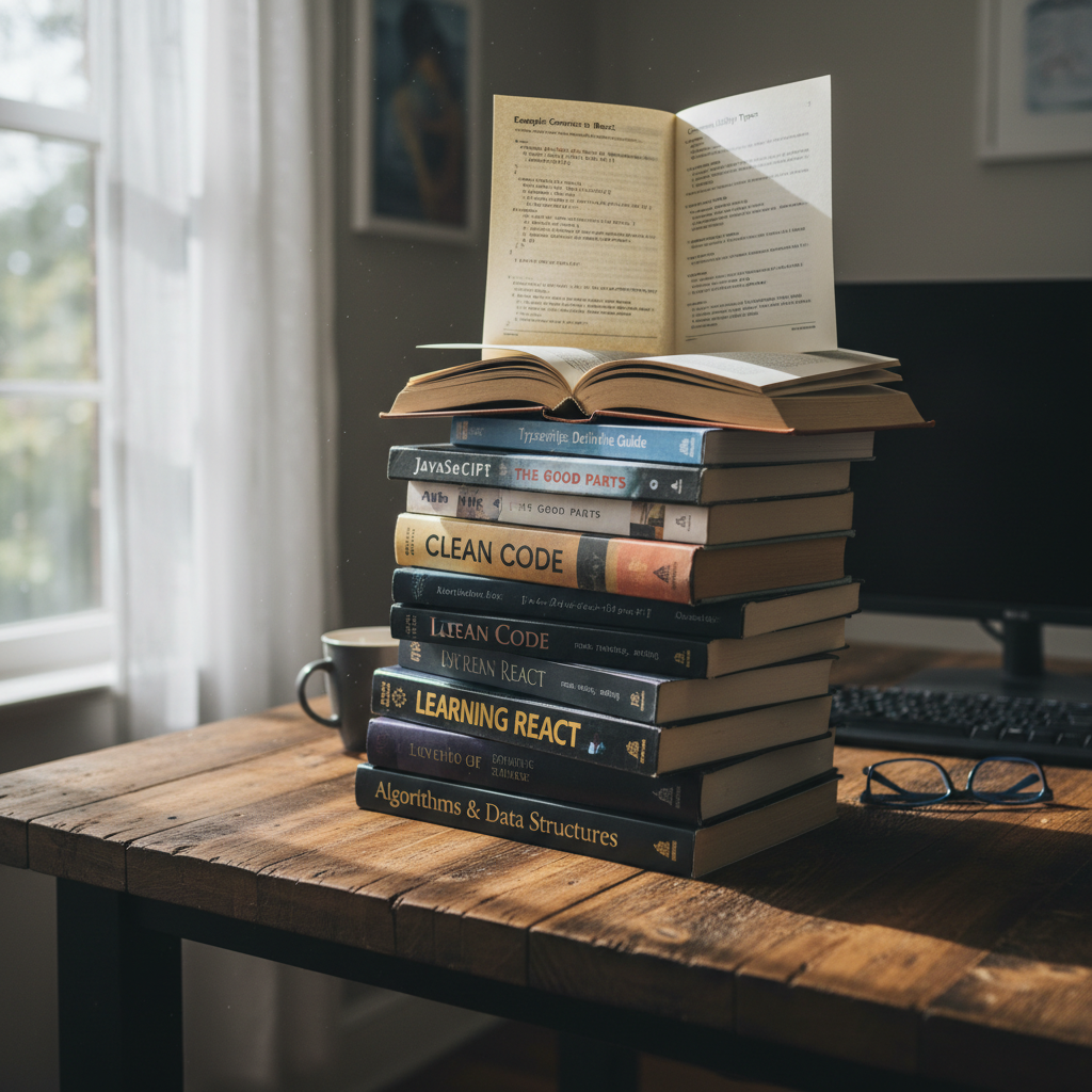 Yumuşak aydınlatmalı ahşap masada teknoloji ve programlama kitapları yığını