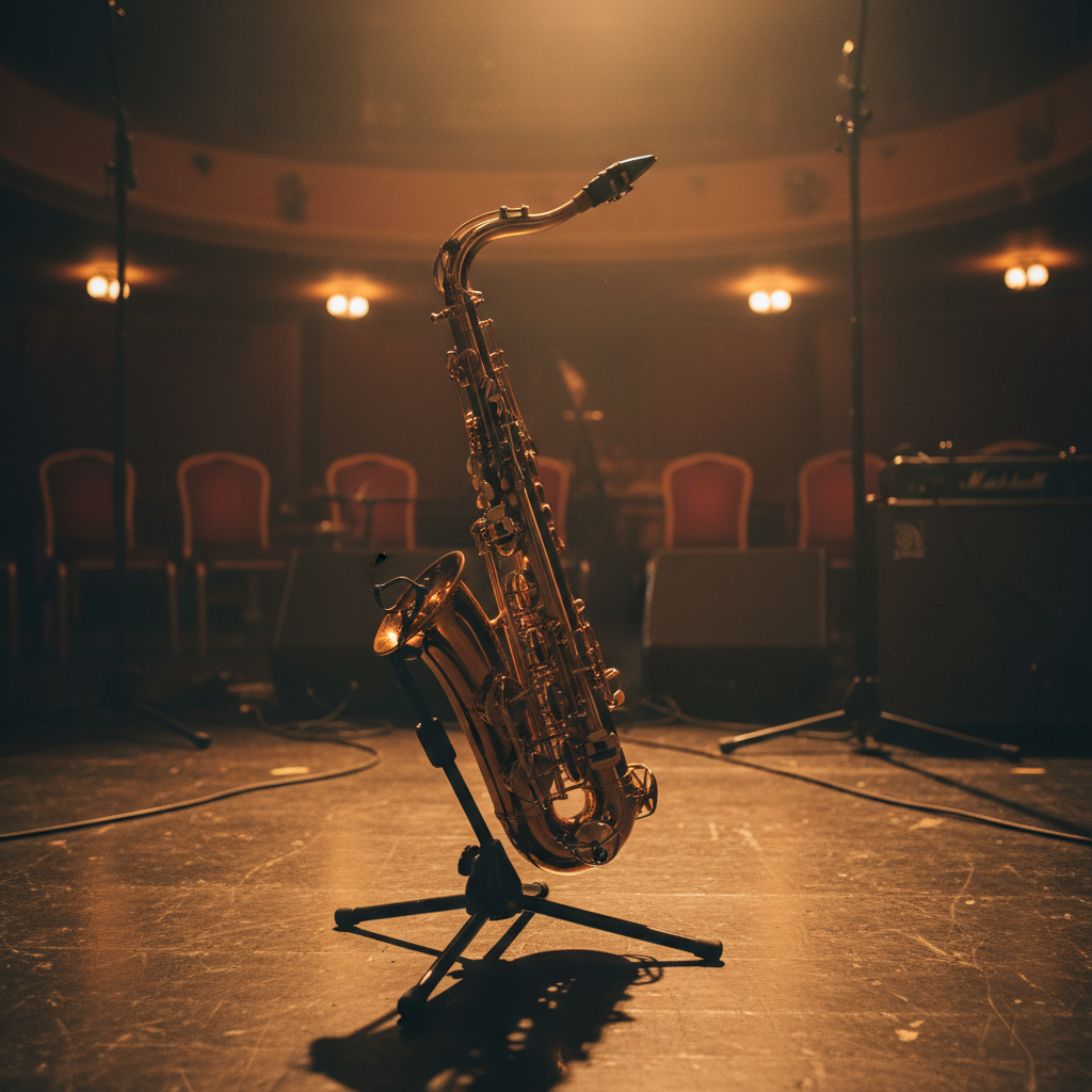 Concert performer with golden spotlight, dark atmospheric background