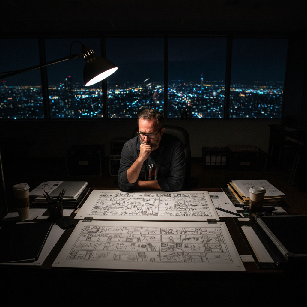 Film production clapperboard and storyboard sketches on dark surface, moody warm lighting