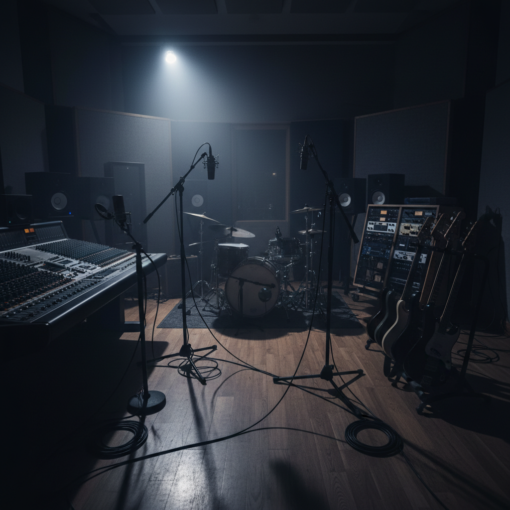 Recording studio environment with dramatic single-source lighting and equipment silhouettes