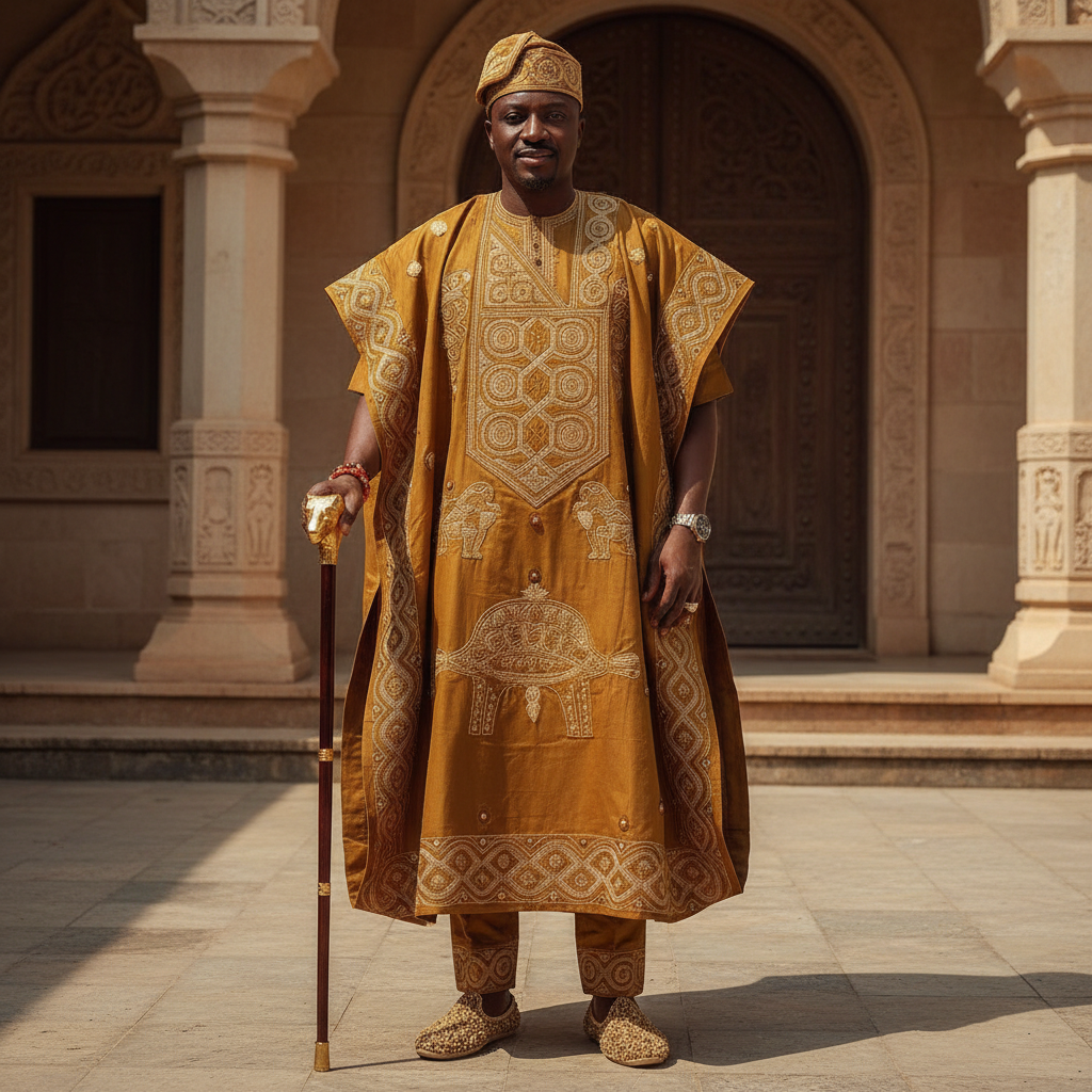Nigerian man in white wedding agbada, outdoor golden hour lighting, lush dark green background, regal and celebratory atmosphere