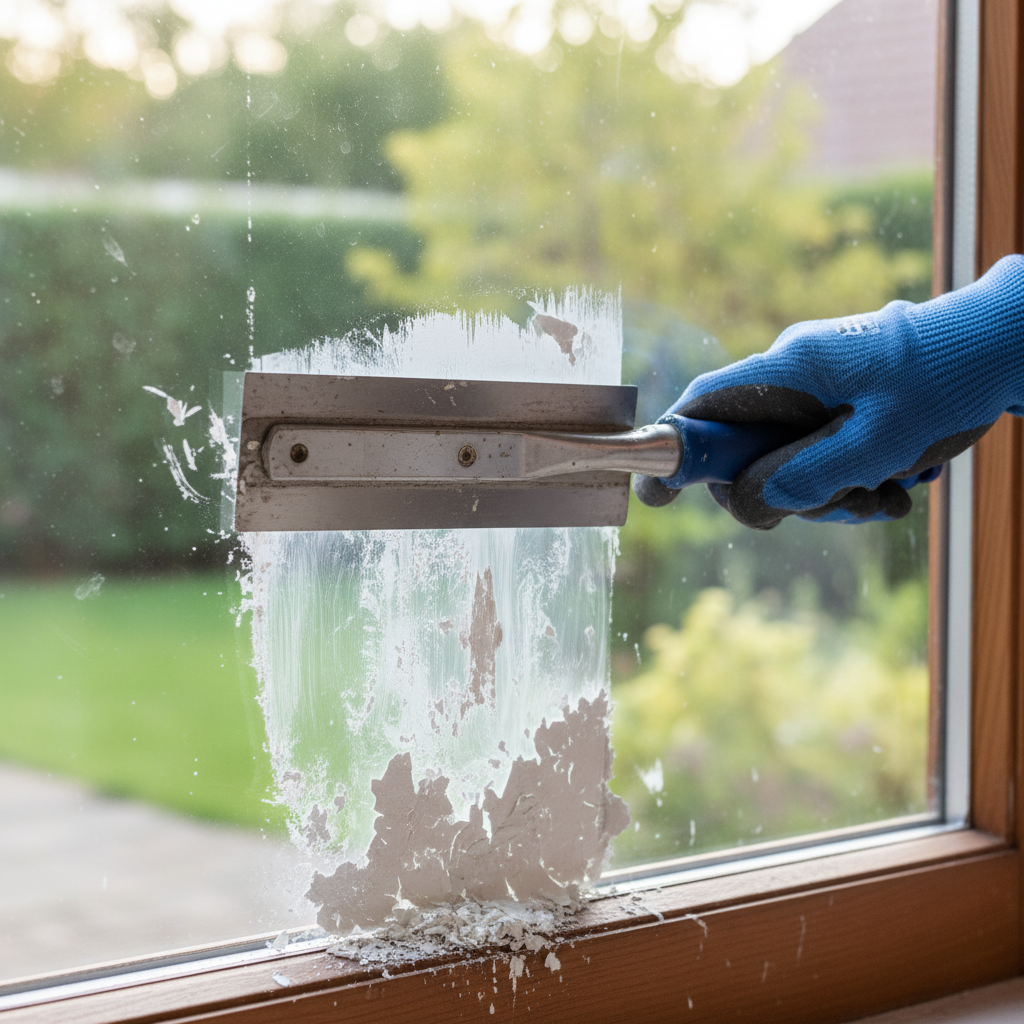 Wide window scraper tool being used to remove paint from glass surface