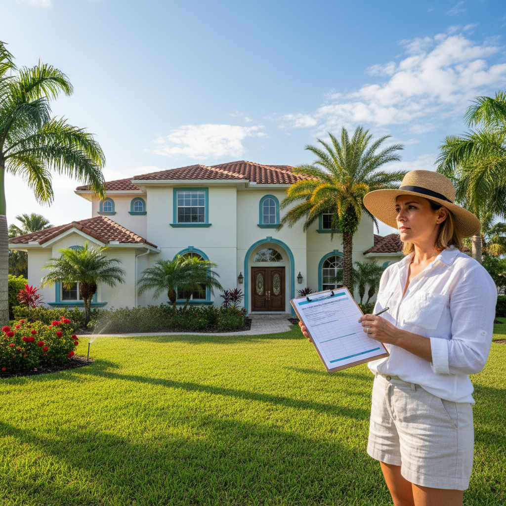 Homeowner reviewing property maintenance checklist outside a well-maintained Florida home on a bright morning