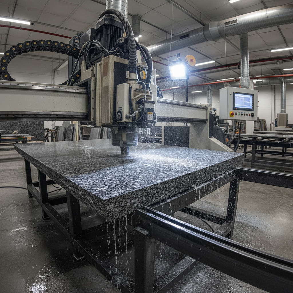 CNC machine cutting and profiling granite countertop slab with precision