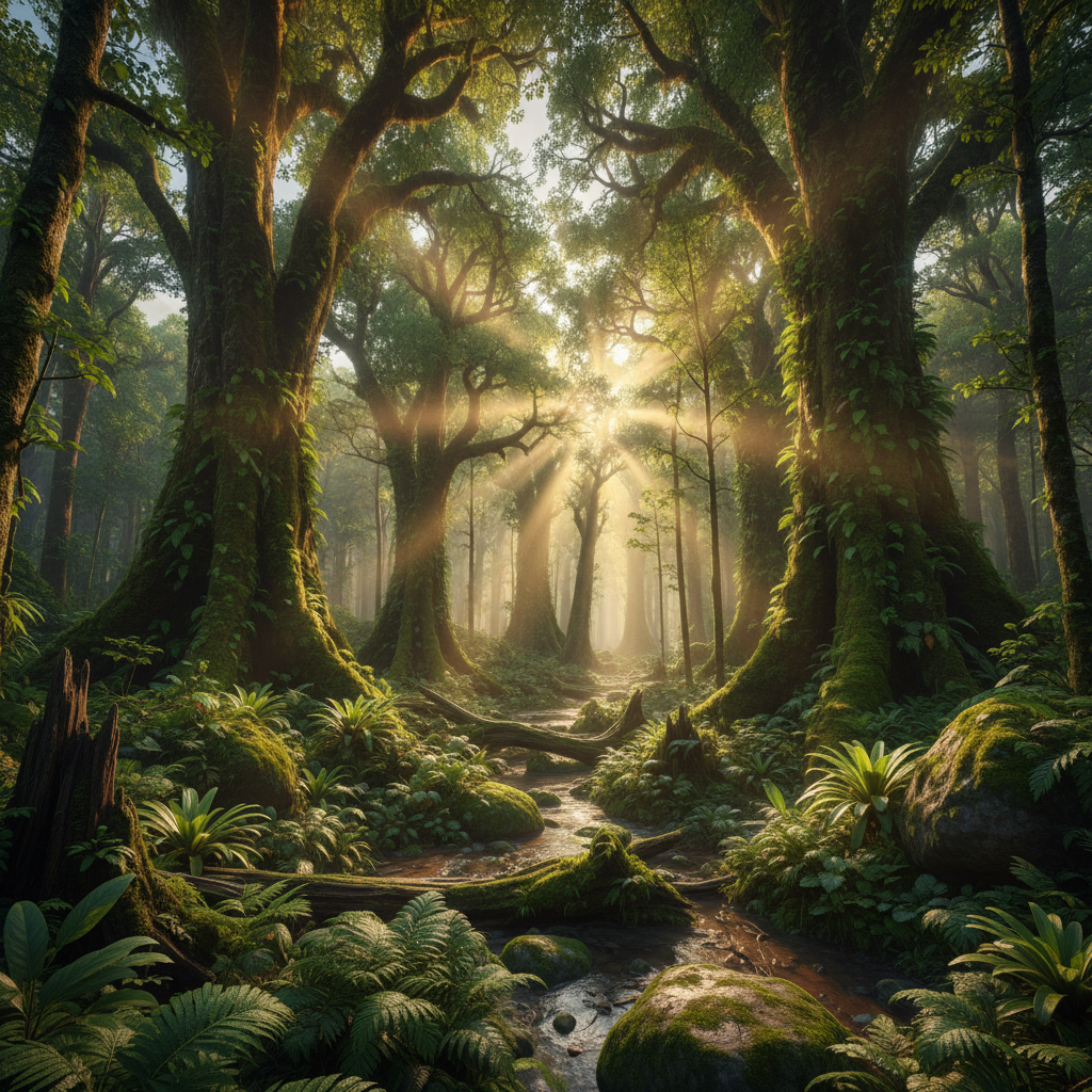 Exotic lush green forest with towering ancient trees, vibrant emerald canopy, dramatic shafts of light piercing through dense tropical foliage