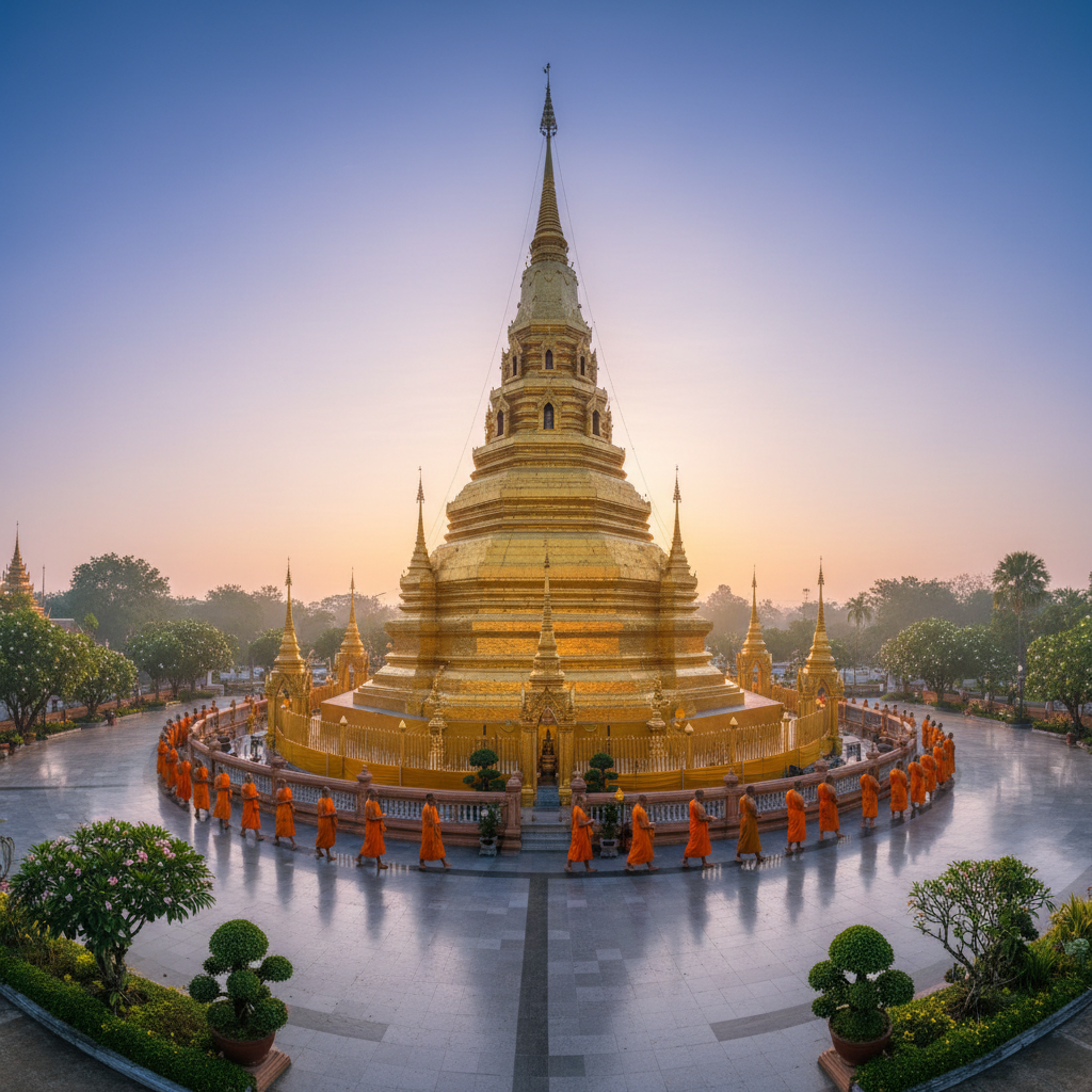 Golden Buddhist temple chedi at dawn with monks in saffron robes, Chiang Mai Thailand