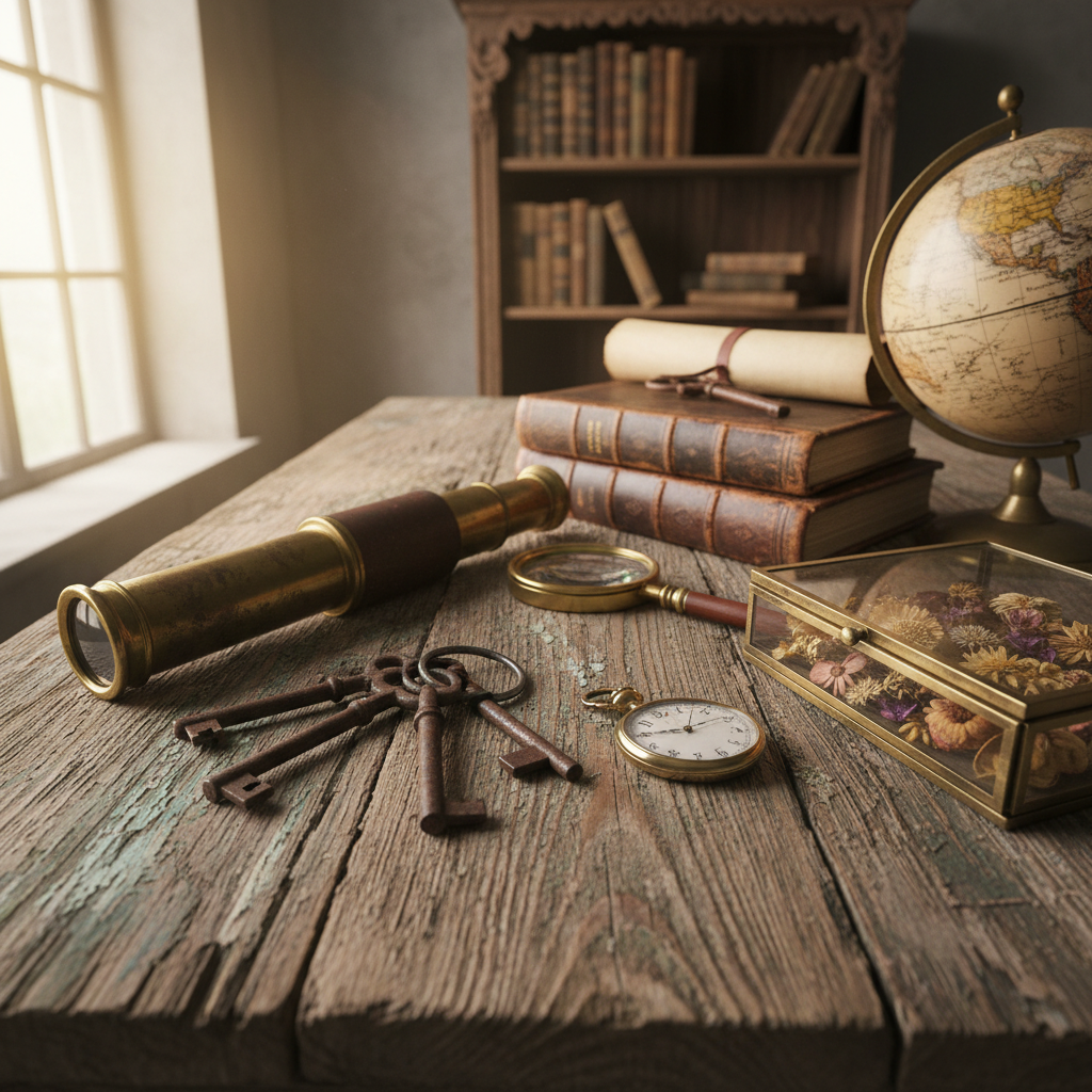 Antique objects on worn wooden surface — atmospheric background