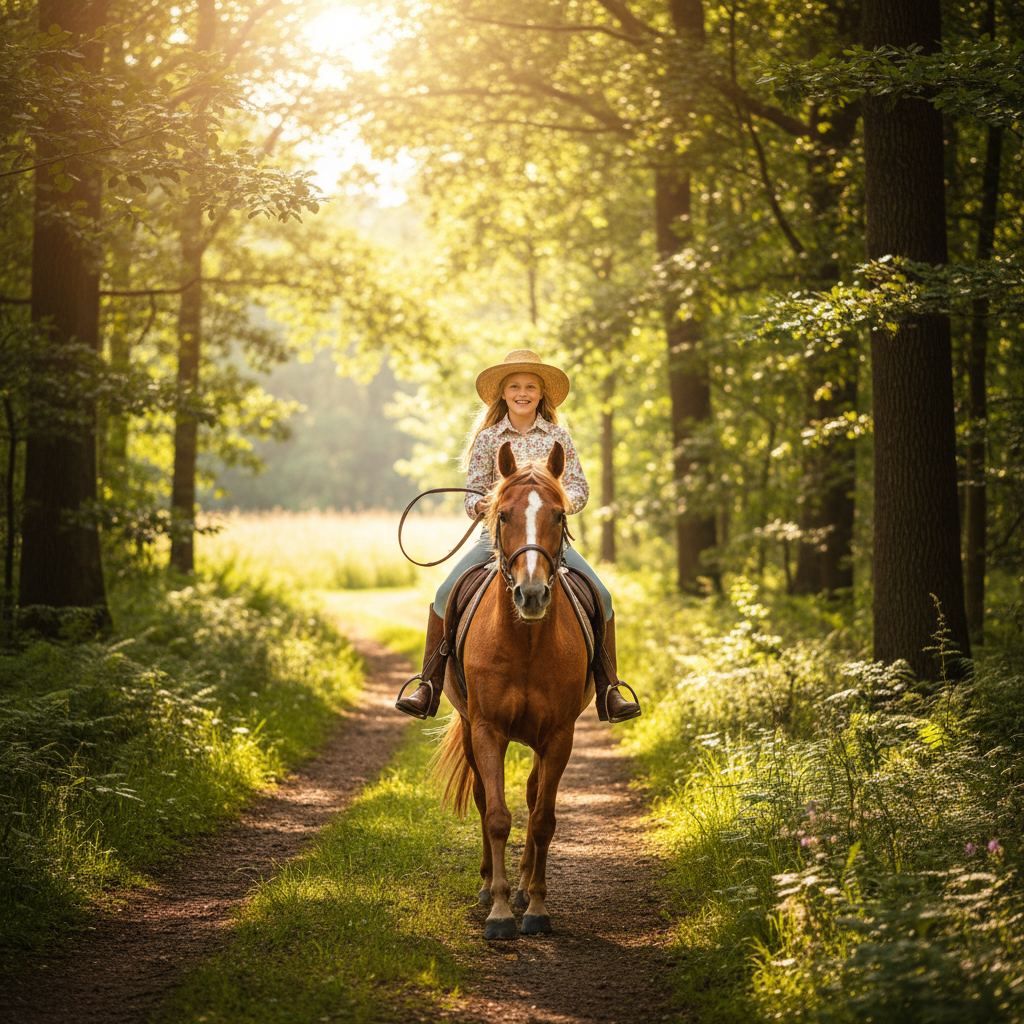Young girl on horseback riding independently down a sunlit trail, no instructor in frame, reins loose and confident