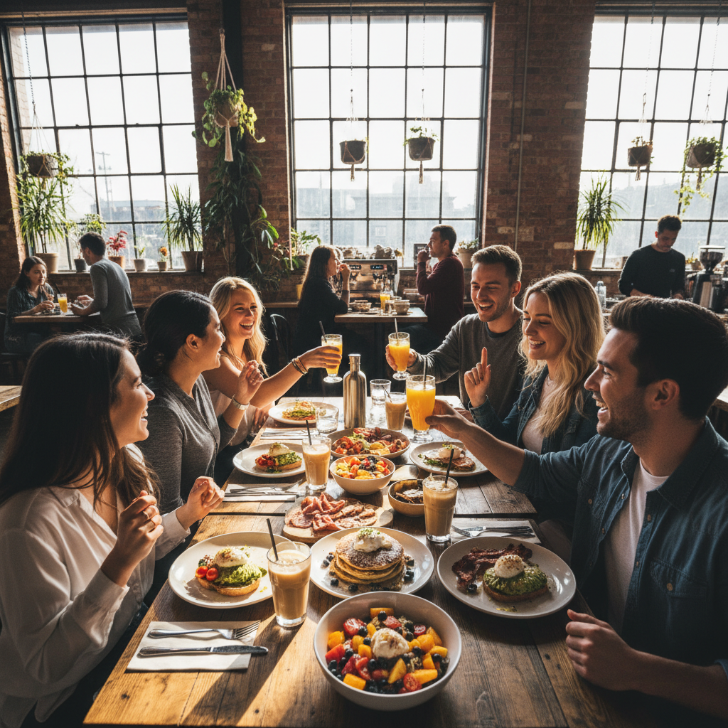 Vibrant weekend brunch scene at upscale restaurant, bright morning light, lively atmosphere with guests