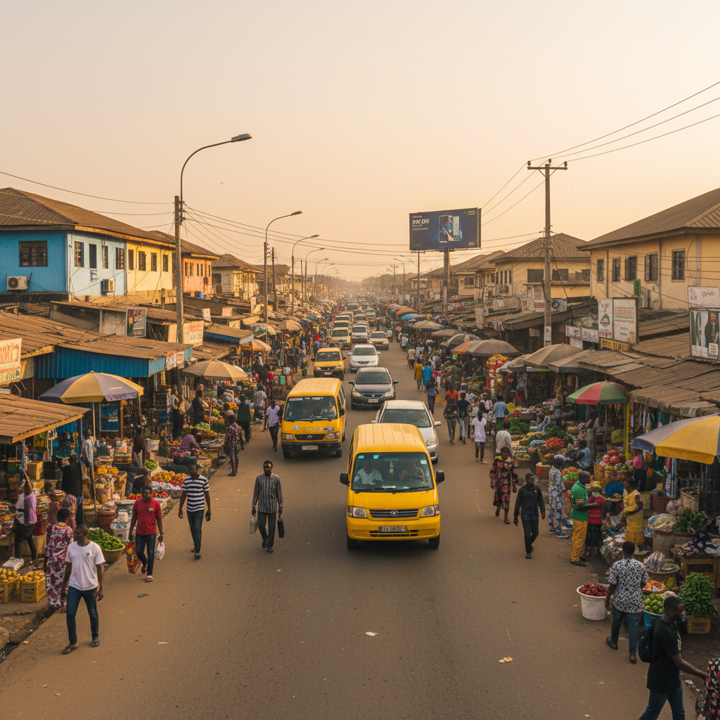 Lekki Lagos street scene, bright afternoon sun, warm urban atmosphere with shops and people