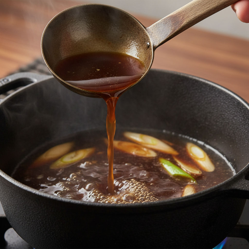 Close-up of dark soy-mirin broth being poured into cast iron pot