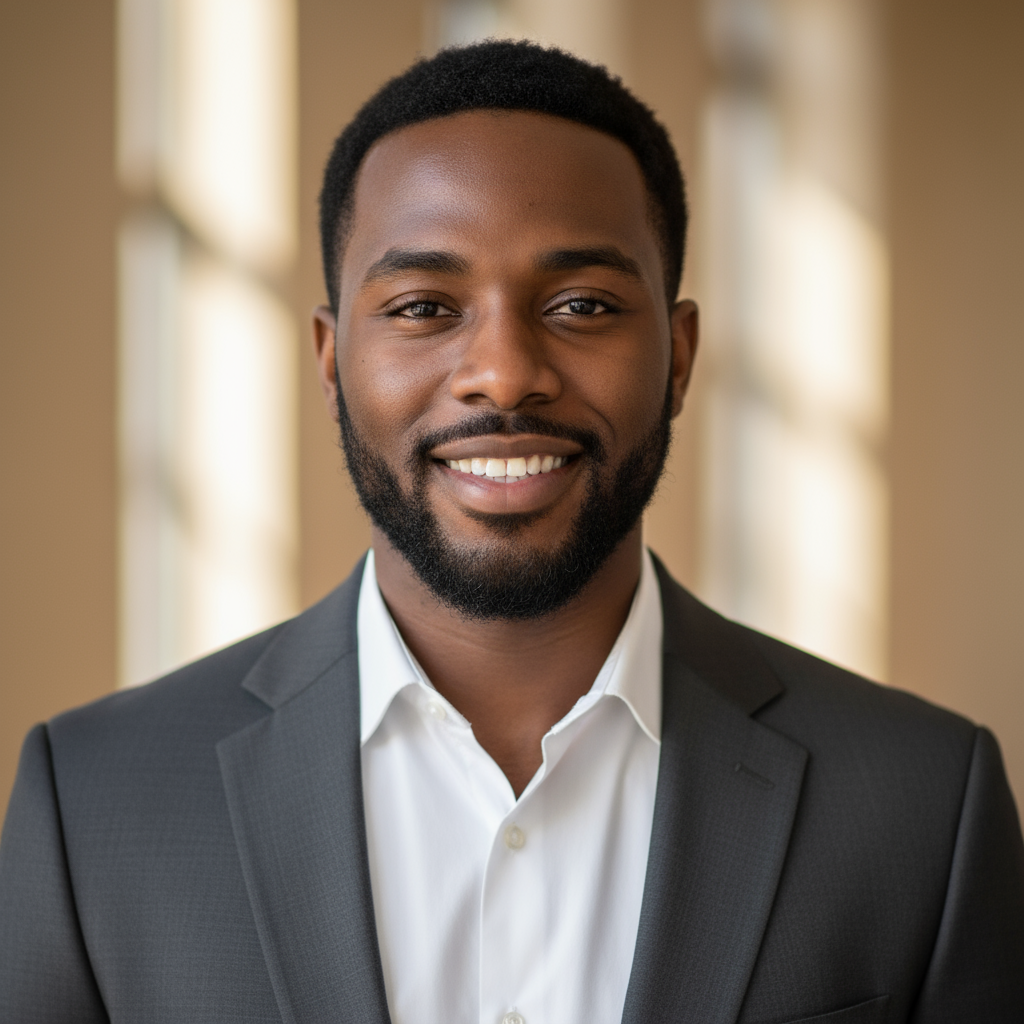 Professional headshot of African man with beard wearing white shirt smiling confidently