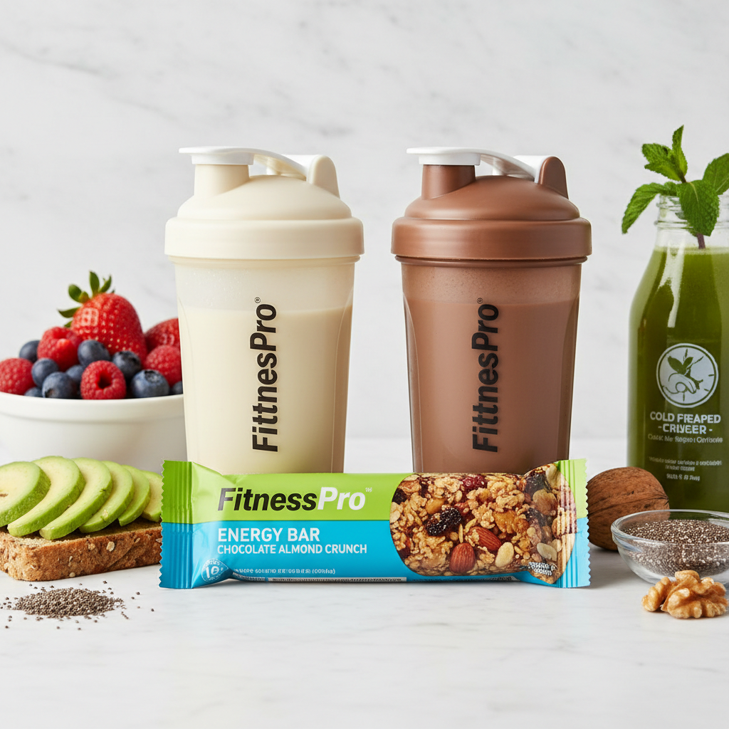 Nutrition bar with protein shakes and healthy snacks
