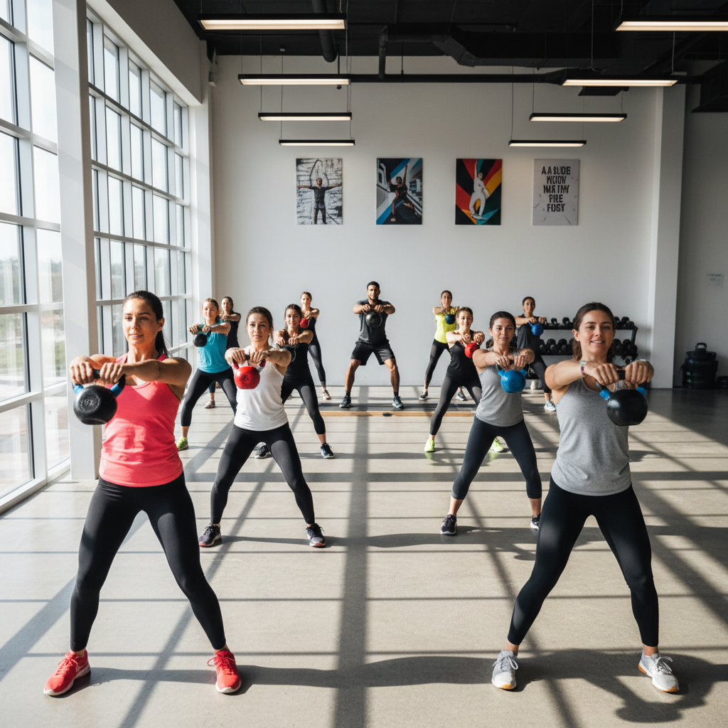 Group fitness class using kettlebells together showing community buying