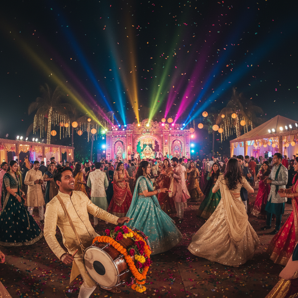 Vibrant sangeet ceremony with colourful floral decor, string lights, and a decorated stage in an ornate banquet hall