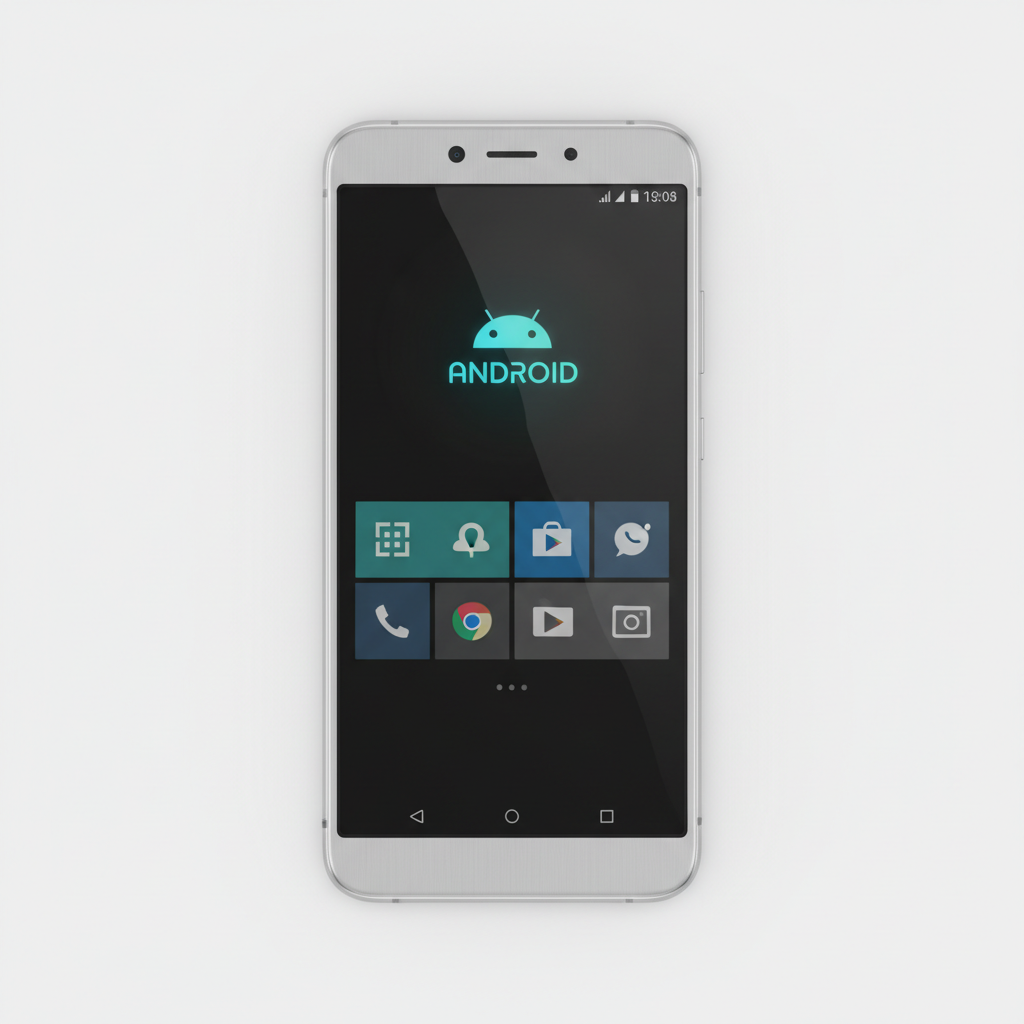 Black Samsung smartphone on white background with screen showing apps