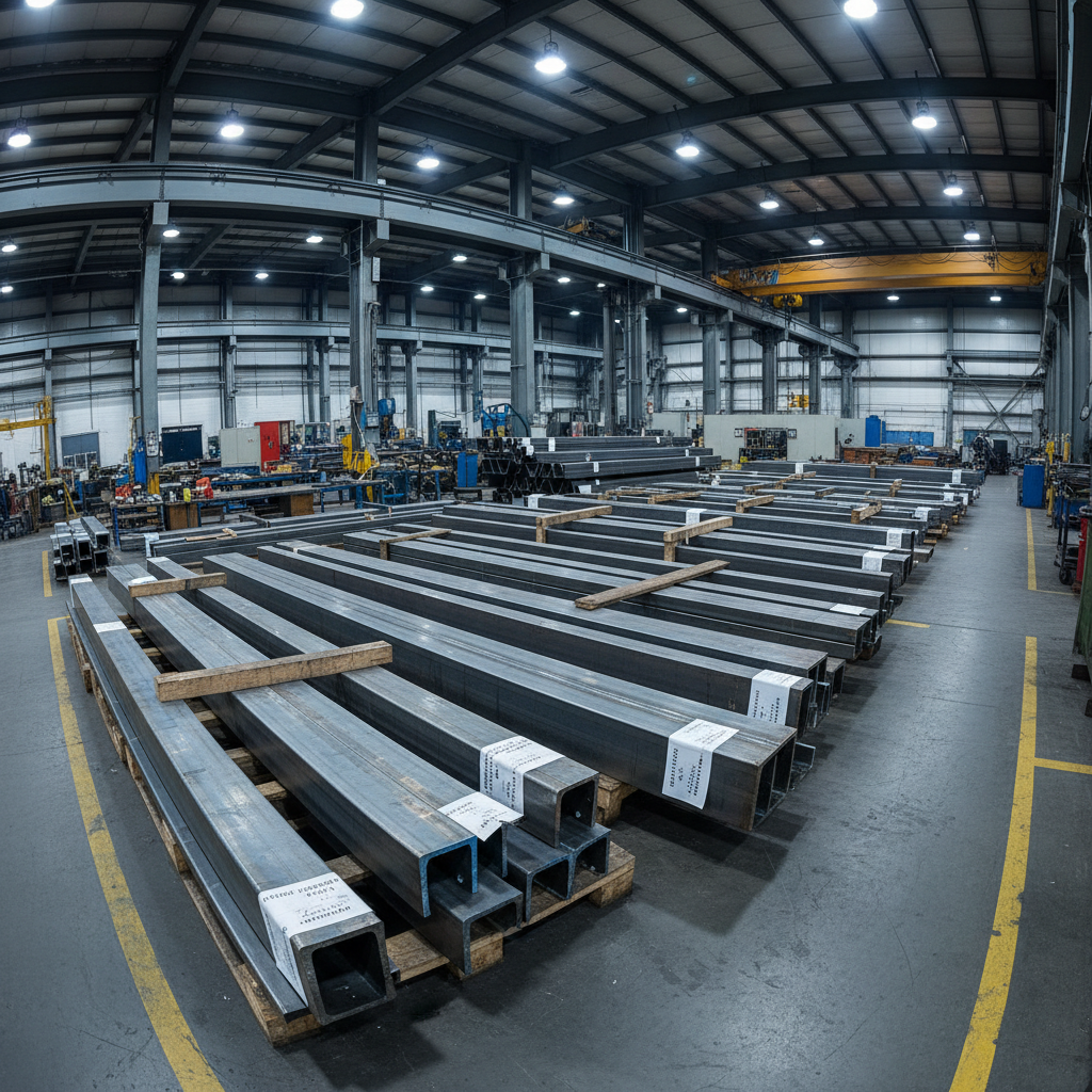 Fabricated steel columns lined up in shop yard awaiting delivery to construction site