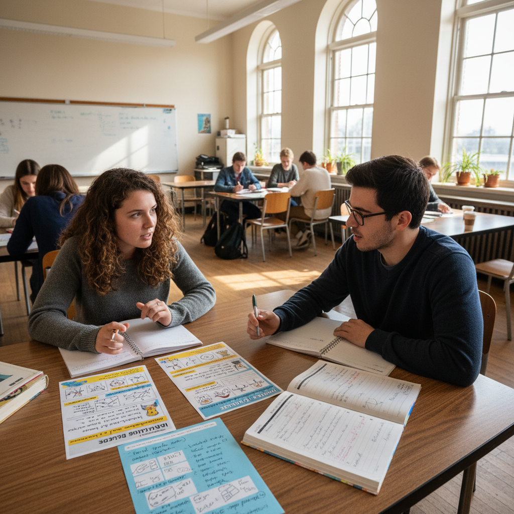 Two children talking at a school desk, warm classroom setting, soft natural light