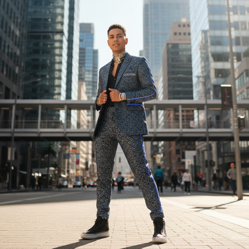 Customer wearing a stylish outfit from YAMBABA, posing confidently in a modern urban setting