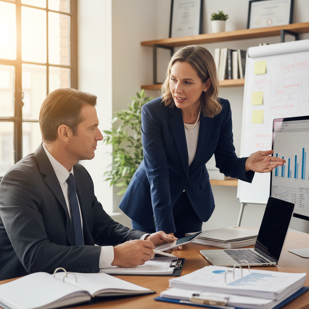 Tax advisor explaining tax obligations and planning strategies to a business owner