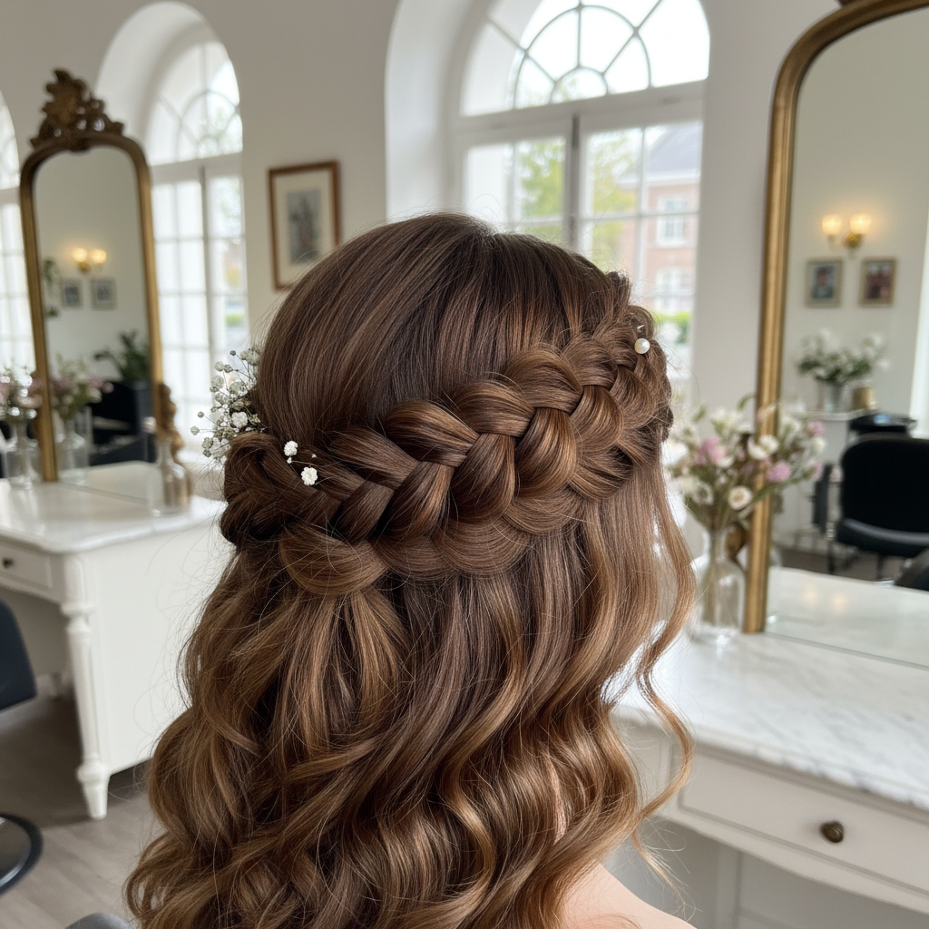 Bridal updo hairstyle with delicate floral pins, soft lighting, elegant salon background