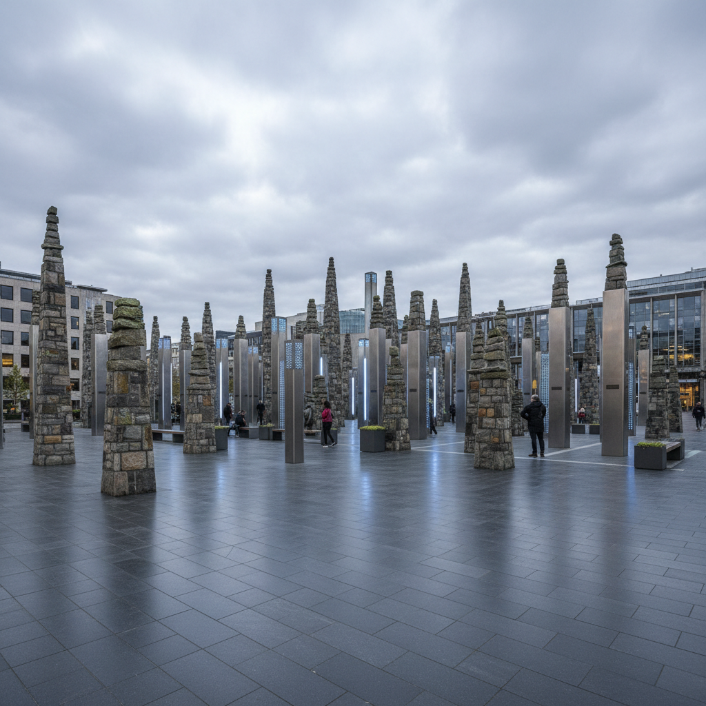 Cairn Array installation in civic plaza, overcast northern light, full span visible