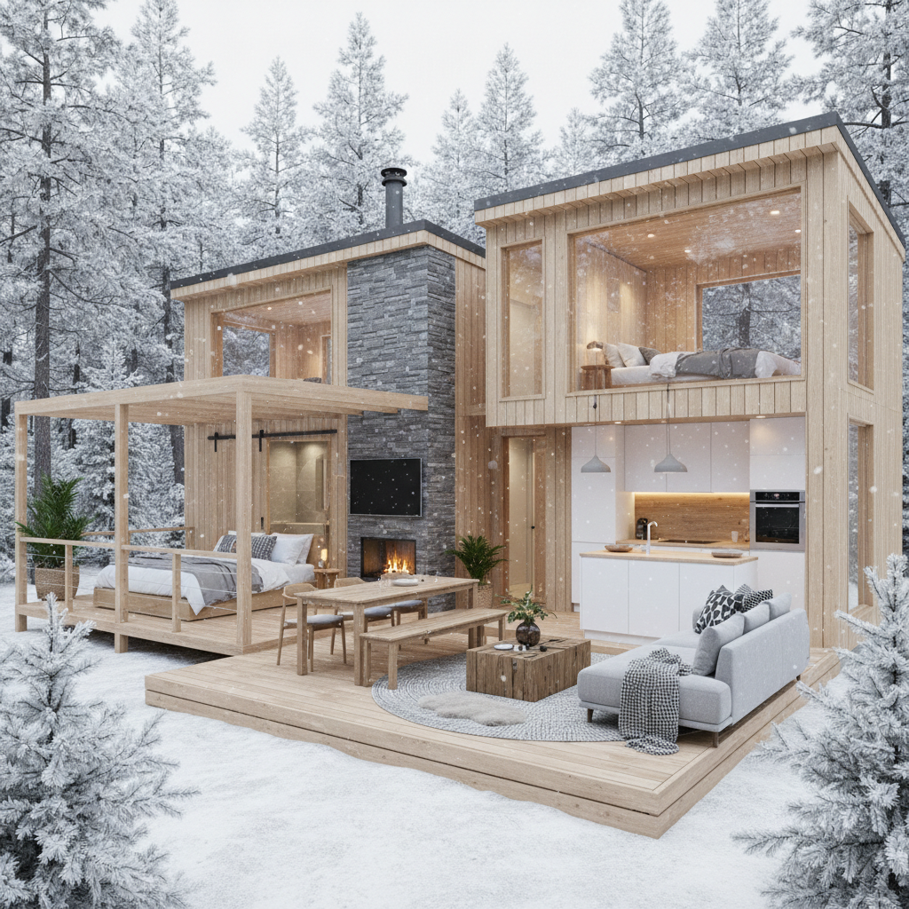 Modern donker houten chalet met panoramaramen en houten terras in bosomgeving