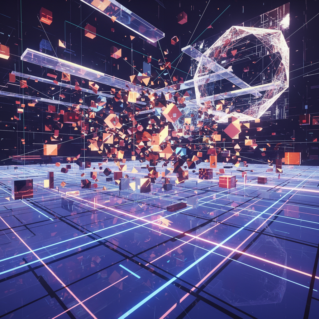 Abstract geometric puzzle environment with glowing colored cubes and corridors