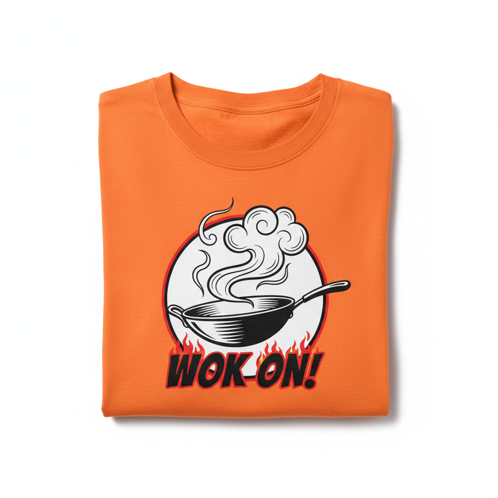 Orange tee with steam wok graphic