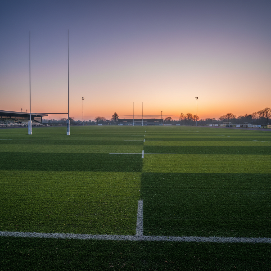 Wide shot of a hybrid rugby pitch with goalposts and white line markings on a synthetic-natural surface at dusk