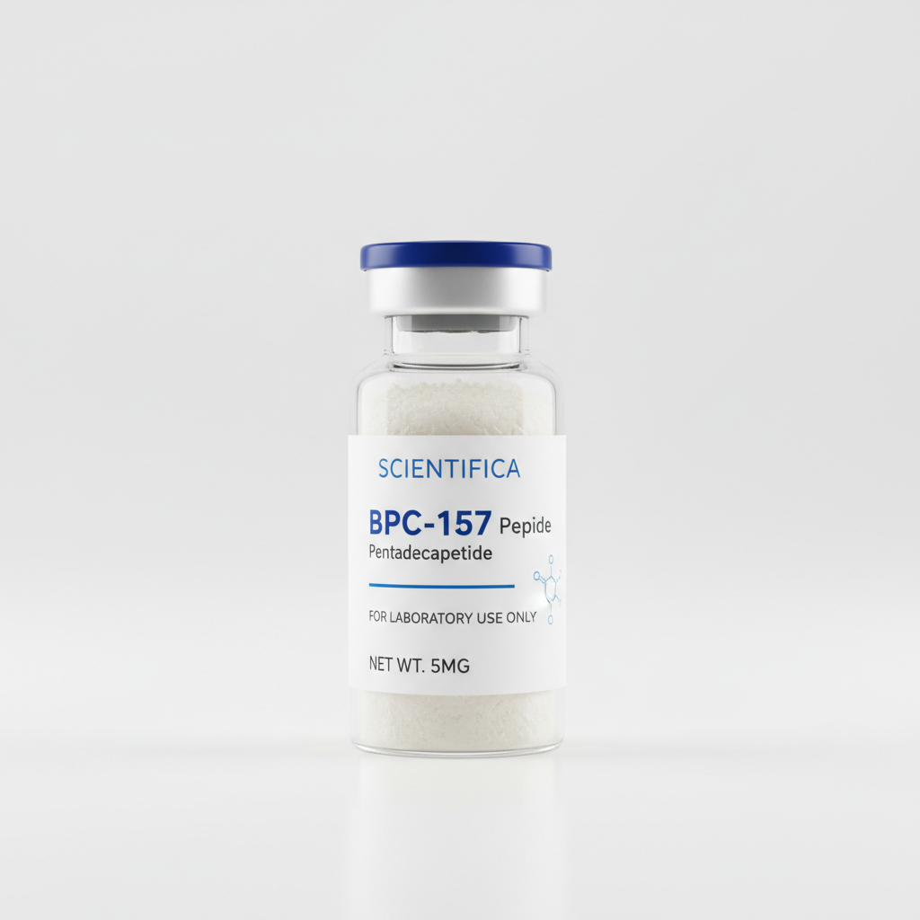 BPC-157 research peptide vial in sterile white laboratory with clinical lighting