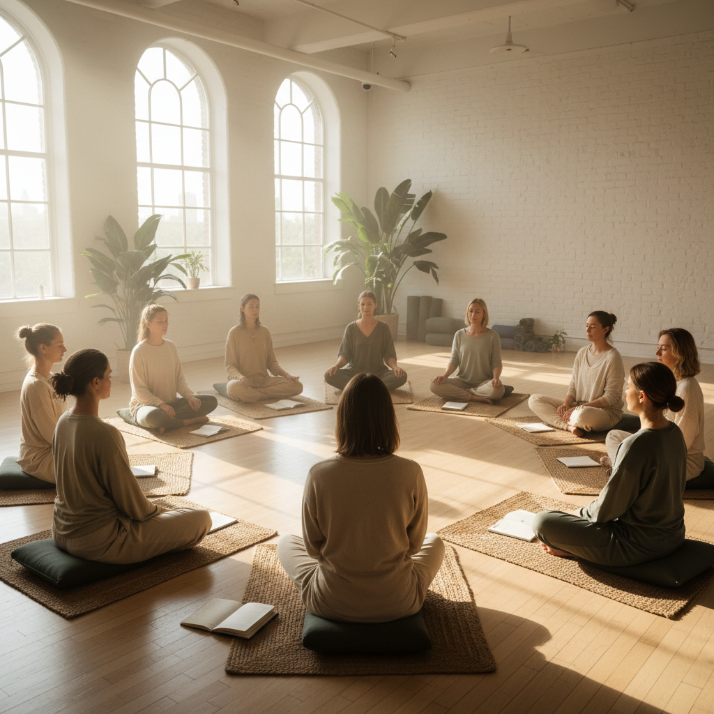 Group of facilitators in a bright studio practicing breathwork together, seated in a circle with notebooks, afternoon light through tall windows