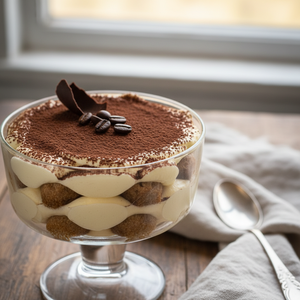 Dessert cup tiramisu elegan dengan taburan bubuk cocoa, lapisan krim mascarpone, pencahayaan bakery hangat