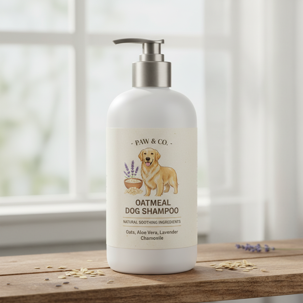 White bottle of oatmeal dog shampoo with natural ingredients on wooden shelf