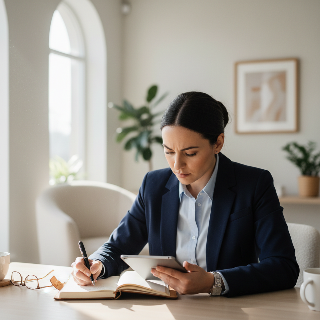 Research psychologist taking notes in calm bright counseling room setting