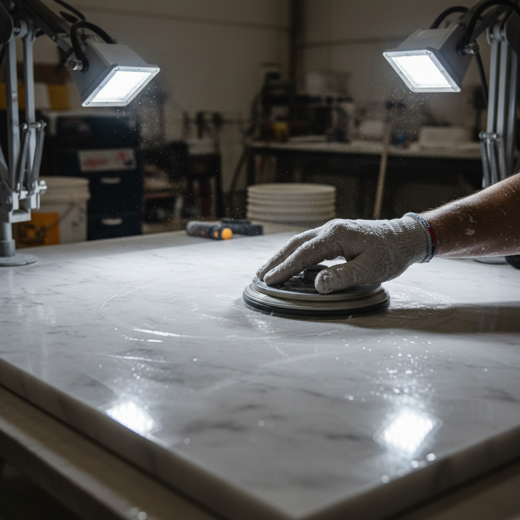 Stone fabricator hand-honing marble surface with diamond pad to achieve matte honed finish on vanity top