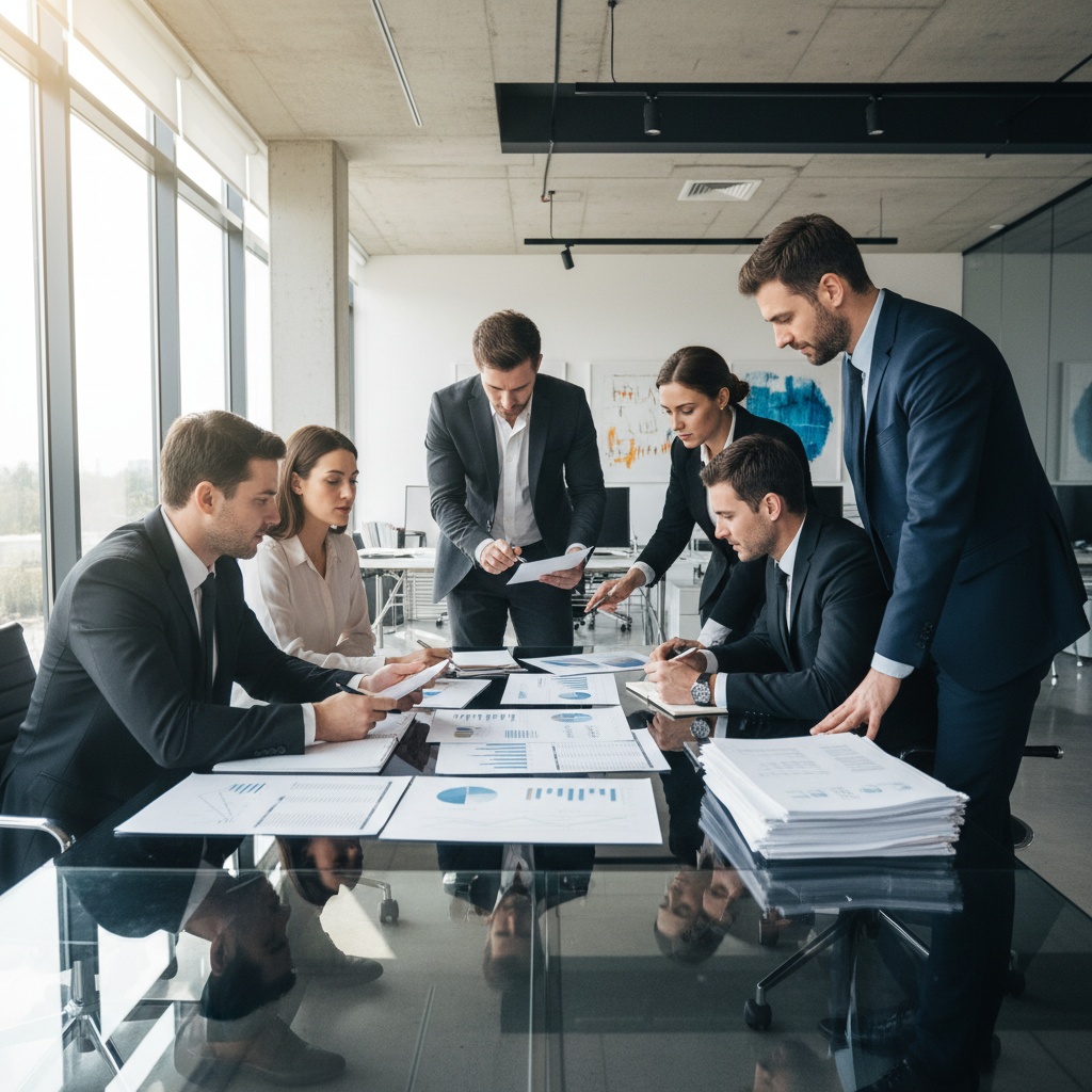 Bank professionals reviewing financial documents at desks in a bright corporate banking environment