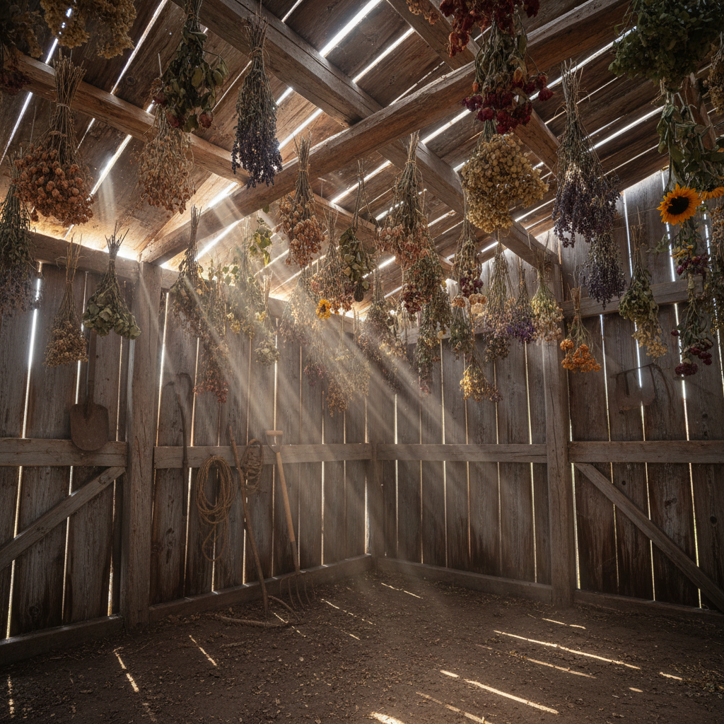 Wooden farm shed with bundles of drying flowers hanging upside down from rough-hewn beams