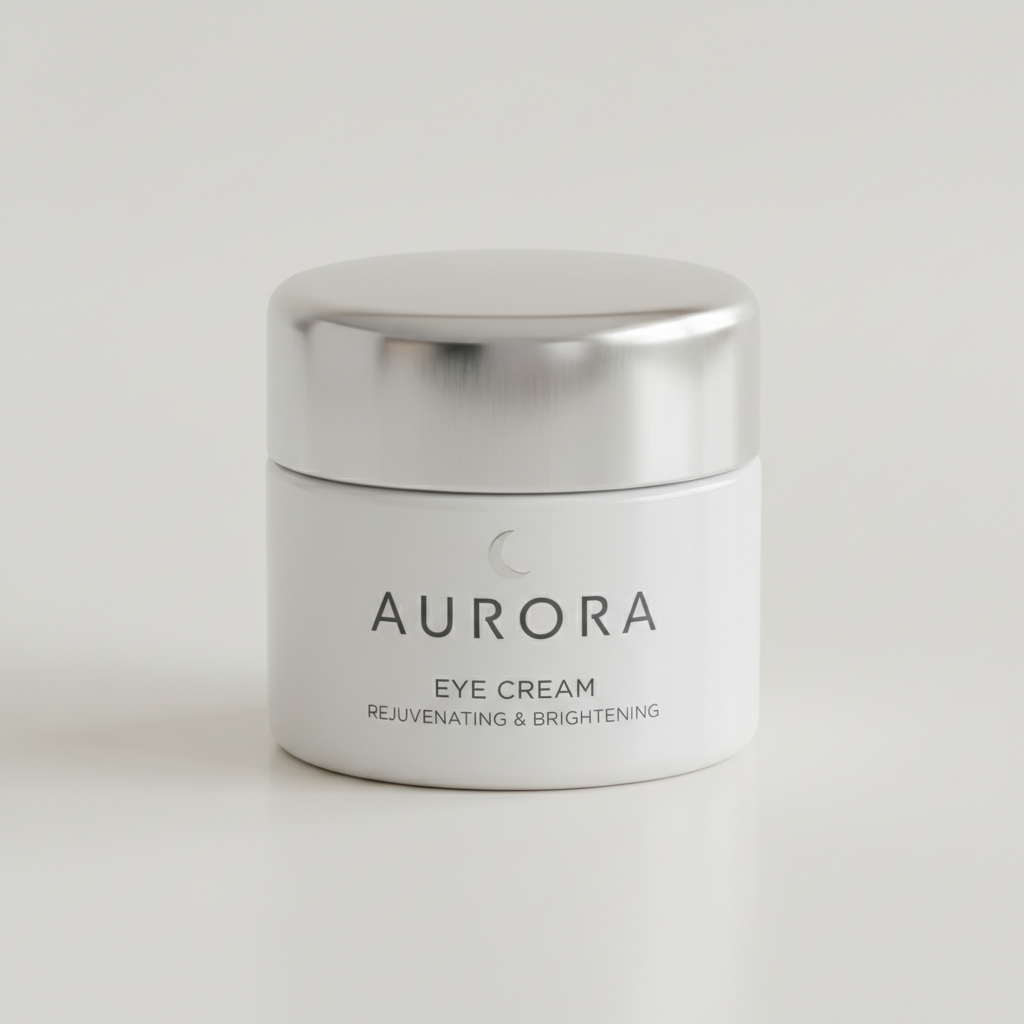 Small luxury eye cream jar on dark surface, editorial lighting, gold accents, moody photography