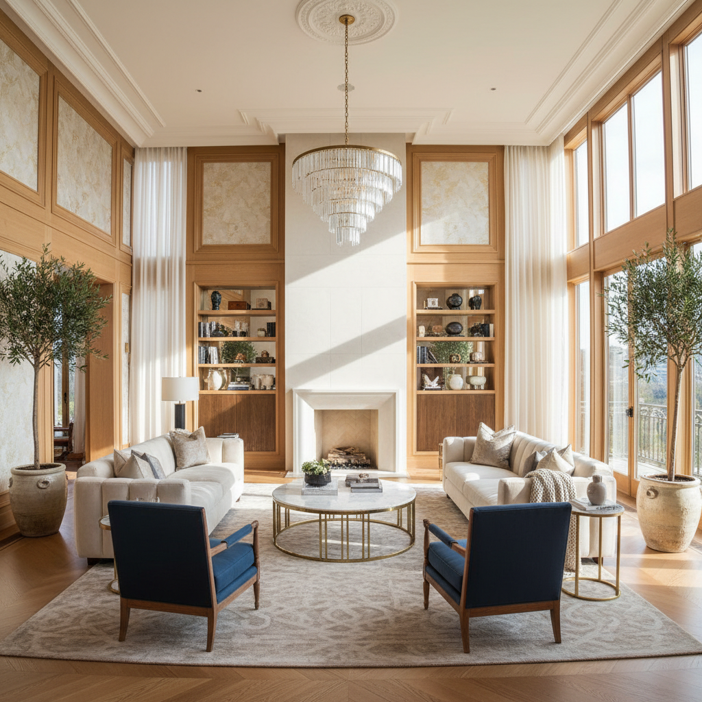 Cinematic 3D rendered luxury living room with natural light streaming through large windows